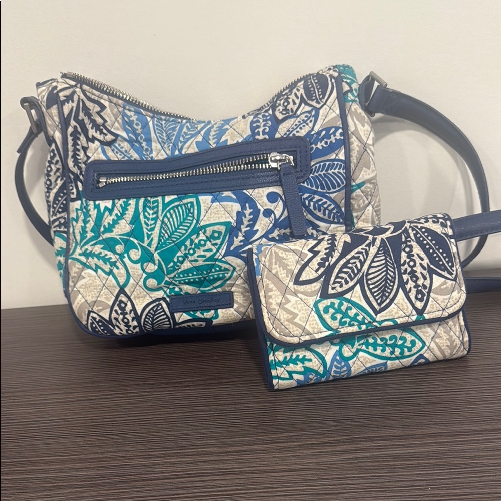 Vera Bradley Blue and Green Shoulder Bag with Artistic Floral Design